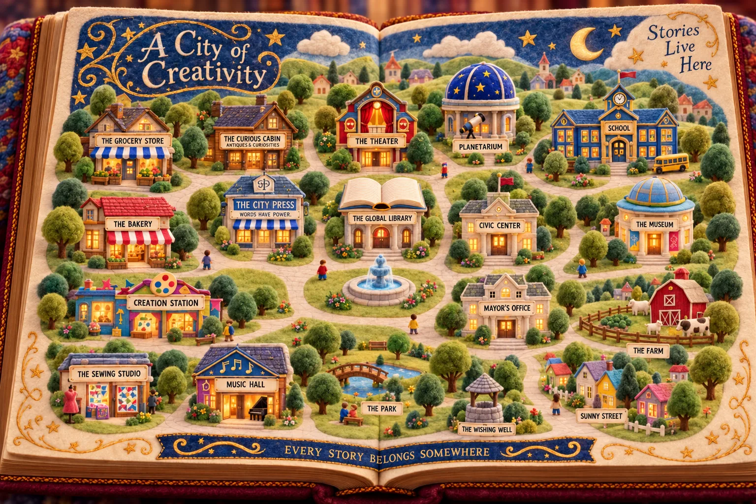 A City of Creativity: the felt storybook map. Tap a building to visit it.